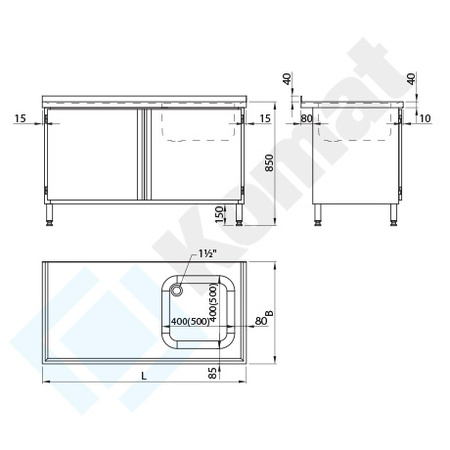 Stół ze zlewem i drzwiami skrzydłowymi KST-104 1300x700 mm