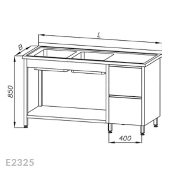 Stół ze zlewem 2-komorowym, blokiem dwóch szuflad i półką Egaz E2325 1600x600x850 mm