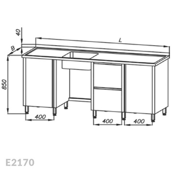 Stół ze zlewem 1-komorowym, blokiem dwóch szuflad i dwoma szafkami Egaz E2170 2200x700x850 mm