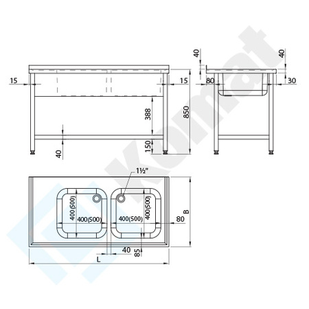 Stół ze zlewem dwukomorowym i półką 1000x700 mm KST-122