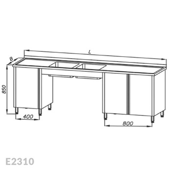 Stół ze zlewem 2-komorowym i dwoma szafkami Egaz E2310 2700x700x850 mm