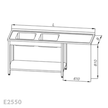 Stół ze zlewem 2-komorowym, miejscem na zmywarkę i półką Egaz E2550 1900x600x810 mm