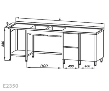 Stół ze zlewem 2-komorowym, blokiem dwóch szuflad, szafką i półką Egaz E2350 2700x600x850 mm