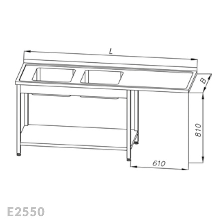 Stół ze zlewem 2-komorowym, miejscem na zmywarkę i półką Egaz E2550 2200x600x810 mm
