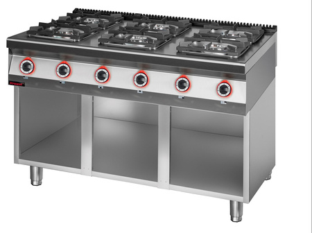 Kuchnia gazowa KM-900.KG-6.S 6 palnikowa 2x4,5kW + 2x7,5kW + 2x9,0 kW na podstawie szafkowej otwartej | LINIA 900