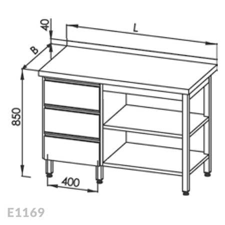 Stół roboczy z blokiem 3-ch szuflad i 2-ma półkami Egaz E1169 1100x700 mm