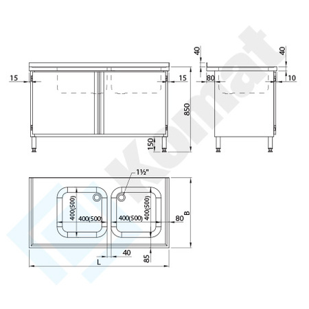 Stół ze zlewem dwukomorowym i drzwiami skrzydłowymi 1600x600 mm KST-124