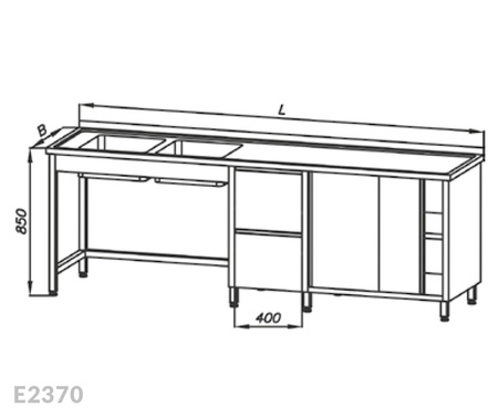Stół ze zlewem 2-komorowym, blokiem dwóch szuflad i szafką, drzwi suwane Egaz E2370 2300x600x850 mm