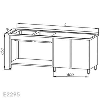 Stół ze zlewem 2-komorowym, szafką, drzwi uchylne i półką  Egaz E2295 2500x700x850 mm