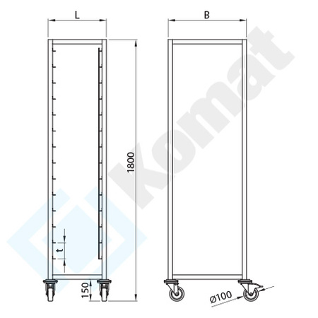 Regał zabudowany jezdny na tace 870x610 mm t=150 KRT-355