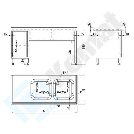 Stół ze zlewem dwukomorowym szafką i półką 2200x600 mm KST-126
