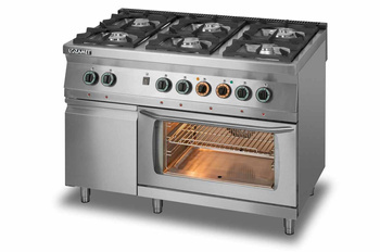 Kuchnia gazowa 6-palnikowa z piekarnikiem elektrycznym z termoobiegiem GN1/1 i szafką