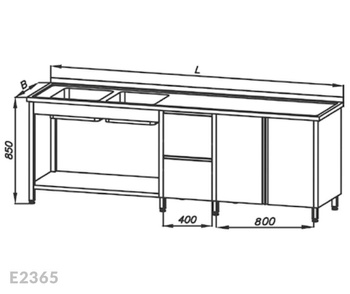Stół ze zlewem 2-komorowym, blokiem dwóch szuflad, szafką, drzwi uchylne i półką Egaz E2365 2300x600x850 mm