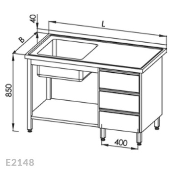Stół ze zlewem 1-komorowym, blokiem trzech szuflad i półką Egaz E2148 1400x700x850 mm