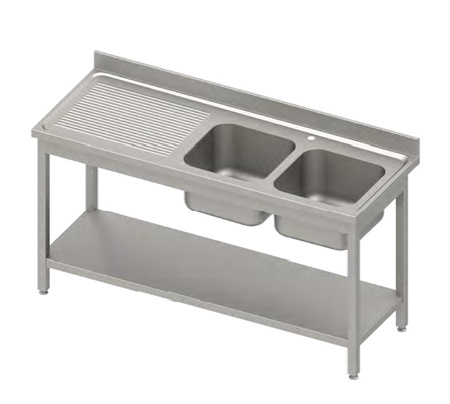 Stół ze zlewem 2-kom.(P),z półką 1600x700x850 mm skręcany, blat tłoczony,rant puszkowy 100x15x10