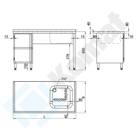 Stół ze zlewem szafką i półką 1500x700 mm KST-106