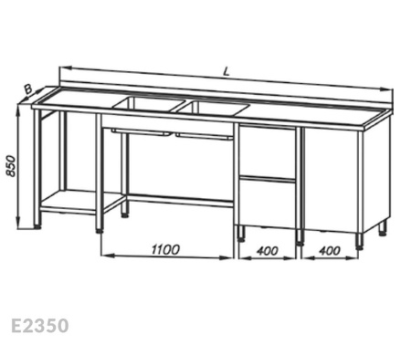 Stół ze zlewem 2-komorowym, blokiem dwóch szuflad, szafką i półką Egaz E2350 2700x600x850 mm