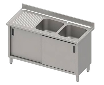 Stół ze zlewem 2-kom.(P),drzwi suwane 1200x600x850 mm, blat tłoczony,rant puszkowy 100x15x10