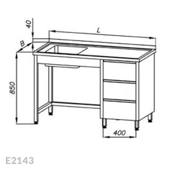 Stół ze zlewem 1-komorowym i blokiem trzech szuflad Egaz E2143 1900x700x850 mm
