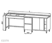 Stół ze zlewem 2-komorowym, blokiem dwóch szuflad i szafką, drzwi suwane Egaz E2370 2500x600x850 mm