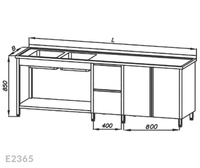 Stół ze zlewem 2-komorowym, blokiem dwóch szuflad, szafką, drzwi uchylne i półką Egaz E2365 2400x600x850 mm