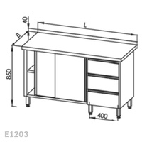 Stół roboczy z szafką z drzwiami suwanymi i z blokiem 3-ch szuflad Egaz E1203 2200x600 mm