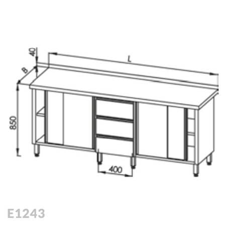 Stół roboczy z 2-ma szafkami, drzwi suwane i z blokiem 3-ch szuflad Egaz E1243 2700x600 mm